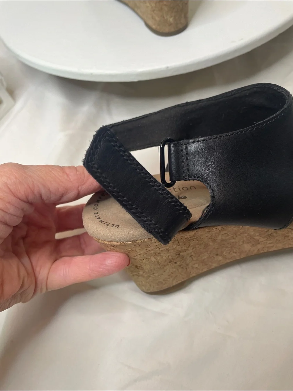 Clarks Black Leather Cork Wedge Slingback Sandals